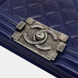 Pre Owned Chanel Navy Blue Leather Small Boy Bag