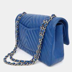 Pre Owned Chanel Blue Leather Chevron Classic Medium