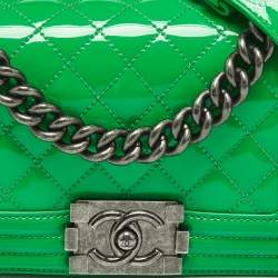 Pre Owned Chanel Green Quilted Patent Leather Small Boy Flap Bag