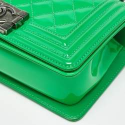 Pre Owned Chanel Green Quilted Patent Leather Small Boy Flap Bag