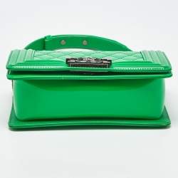 Pre Owned Chanel Green Quilted Patent Leather Small Boy Flap Bag