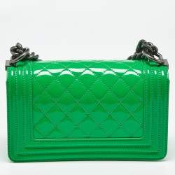 Pre Owned Chanel Green Quilted Patent Leather Small Boy Flap Bag
