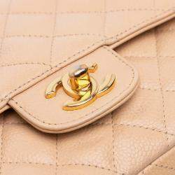 Pre Owned Chanel Beige Medium Classic Caviar Double Flap