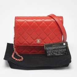 Pre Owned Chanel Orange Quilted Leather Classic Wallet On Chain