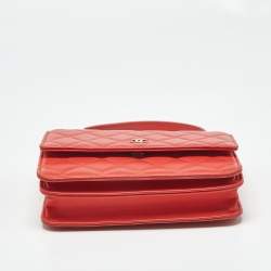Pre Owned Chanel Orange Quilted Leather Classic Wallet On Chain