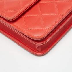 Pre Owned Chanel Orange Quilted Leather Classic Wallet On Chain