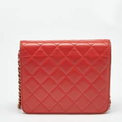 Pre Owned Chanel Orange Quilted Leather Classic Wallet On Chain