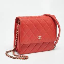 Pre Owned Chanel Orange Quilted Leather Classic Wallet On Chain