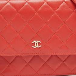Pre Owned Chanel Orange Quilted Leather Classic Wallet On Chain
