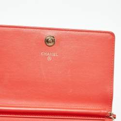 Pre Owned Chanel Orange Quilted Leather Classic Wallet On Chain