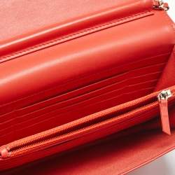 Pre Owned Chanel Orange Quilted Leather Classic Wallet On Chain