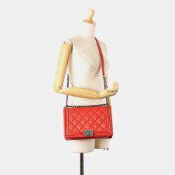 Pre Owned Chanel Red Medium Quilted Calfskin Wild Stitch Boy Flap  Bag