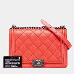 Pre Owned Chanel Red Medium Quilted Calfskin Wild Stitch Boy Flap  Bag