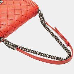 Pre Owned Chanel Red Medium Quilted Calfskin Wild Stitch Boy Flap  Bag