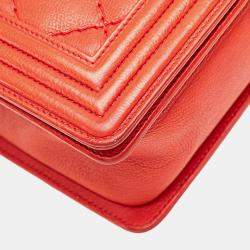 Pre Owned Chanel Red Medium Quilted Calfskin Wild Stitch Boy Flap  Bag