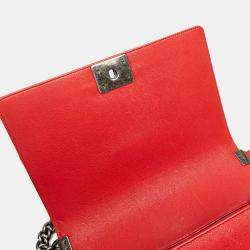 Pre Owned Chanel Red Medium Quilted Calfskin Wild Stitch Boy Flap  Bag