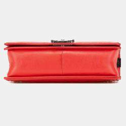 Pre Owned Chanel Red Medium Quilted Calfskin Wild Stitch Boy Flap  Bag