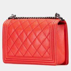 Pre Owned Chanel Red Medium Quilted Calfskin Wild Stitch Boy Flap  Bag