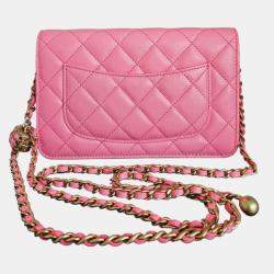 Pre Owned Chanel Pink Lambskin Quilted CC Pearl Crush Wallet On Chain