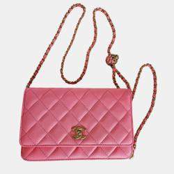 Pre Owned Chanel Pink Lambskin Quilted CC Pearl Crush Wallet On Chain