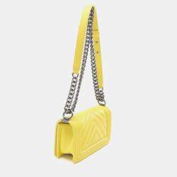 Pre Owned Chanel Boy Small Chevron Yellow Lambskin Shoulder Bag