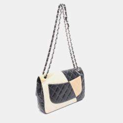 Pre Owned Chanel Classic Double Flap Black White Beige Lambskin Shoulder Bag