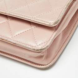 Pre Owned Chanel Light Pink Quilted Leather CC Wallet on Chain