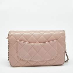 Pre Owned Chanel Light Pink Quilted Leather CC Wallet on Chain