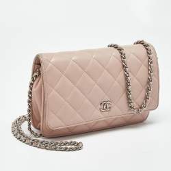 Pre Owned Chanel Light Pink Quilted Leather CC Wallet on Chain