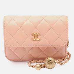 Pre Owned Chanel Pink Mini Lambskin Pearl Crush Clutch On Chain