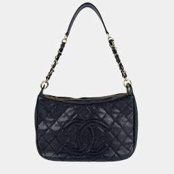 Pre Owned Chanel Shoulder Bag Matelasse Caviar Skin Leather Black Gold