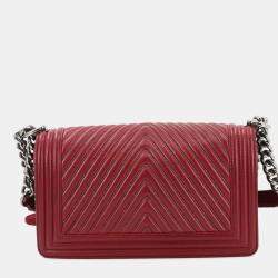 Pre Owned Chanel Boy Red Leather Chevron V-Stitch Chain Shoulder Bag