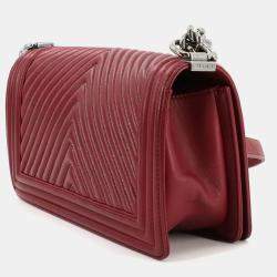 Pre Owned Chanel Boy Red Leather Chevron V-Stitch Chain Shoulder Bag
