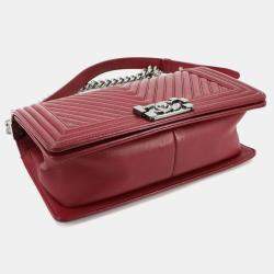 Pre Owned Chanel Boy Red Leather Chevron V-Stitch Chain Shoulder Bag