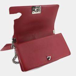 Pre Owned Chanel Boy Red Leather Chevron V-Stitch Chain Shoulder Bag
