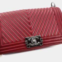 Pre Owned Chanel Boy Red Leather Chevron V-Stitch Chain Shoulder Bag