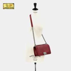 Pre Owned Chanel Boy Red Leather Chevron V-Stitch Chain Shoulder Bag