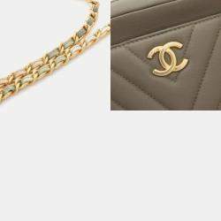 Pre Owned Chanel Chevron V-Stitch Khaki Lambskin Shoulder Bag