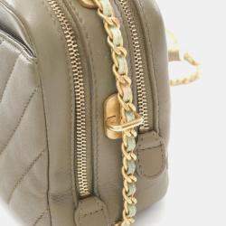 Pre Owned Chanel Chevron V-Stitch Khaki Lambskin Shoulder Bag