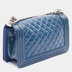 Pre Owned Chanel Boy Navy Patent Leather Shoulder Bag