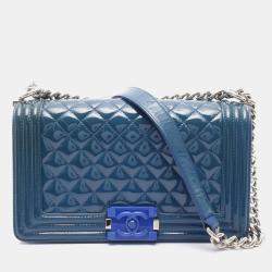 Pre Owned Chanel Boy Navy Patent Leather Shoulder Bag