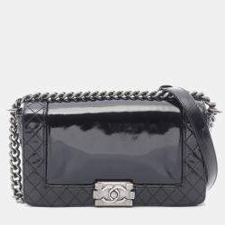 Pre Owned Chanel Boy Black Patent Leather Shoulder Bag