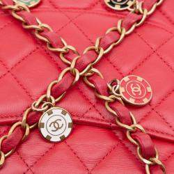 Pre Owned Chanel Red Mini Square Classic Lambskin Casino Royale Charms Single Flap