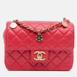 Pre Owned Chanel Red Mini Square Classic Lambskin Casino Royale Charms Single Flap