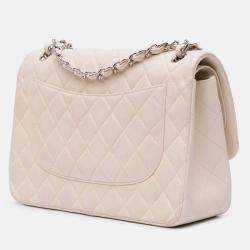 Pre Owned Chanel Classic Double Flap Jumbo White Caviar Shoulder Bag