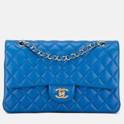 Pre Owned Chanel Classic Double Flap Medium Blue Lambskin Shoulder Bag