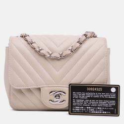 Pre Owned Chanel White Mini Square Classic Chevron Lambskin Single Flap