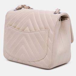 Pre Owned Chanel White Mini Square Classic Chevron Lambskin Single Flap