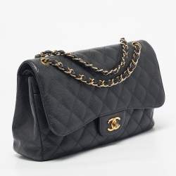 Pre Owned Chanel Black Quilted Caviar Leather Jumbo Classic Double Flap Bag