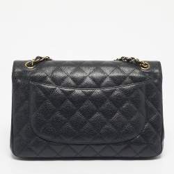 Pre Owned Chanel Black Quilted Caviar Leather Jumbo Classic Double Flap Bag